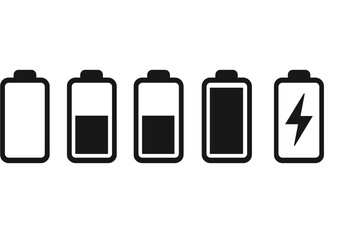 Poster - Battery charge level indicator icon set. Mobile app UI element. Power status bar symbol collection with empty, low, medium, full, half and charging signs. Vector energy load.