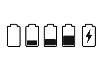 Poster - Battery charge level indicator icon set. Status symbols for phone UI design. Includes full, low, empty, and charging signs. Power percentage from 0 to 100. Vector element.