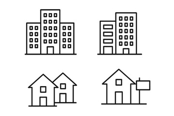 Poster - Real Estate and Office Building Line Icons Set. Modern Apartment, Office Tower, Duplex, House for Sale. Minimalist Urban Architecture, Property, Rental, Commercial, Residential Vector Illustration