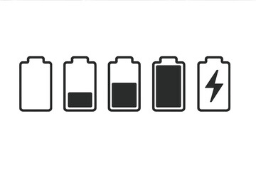 Aufkleber - Battery charge level indicator icon set. Collection of status signs for UI app design. Empty, low, medium, full power, and charging symbols. Energy level vector graphic.