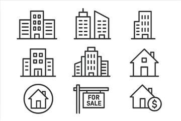 Poster - Real Estate and Office Building Line Icon Set. Modern Apartment, Skyscraper, House, For Sale Sign, Property Investment. Minimalist Vector Illustration for Business, Architecture, Urban City