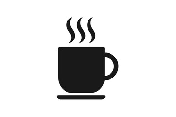 Poster - Hot Coffee or Tea Mug Icon with Steam, Minimalist Black Silhouette, Beverage Cup Symbol, Modern Cafe Drink Logo, Simple Vector Illustration, Transparent Background, Breakfast Concept