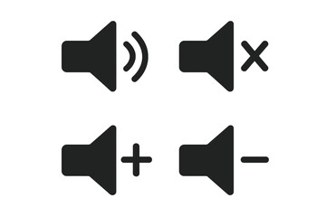 Aufkleber - Speaker Volume Icon Set. Sound On, Mute, Volume Up, Volume Down Symbols. Audio Control Buttons for Media Player, Video, App, UI Design. Isolated Vector and Transparent PNG