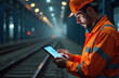 © Maryna - Worker in orange safety suit checks tablet on railway line. Industrial construction setting with large structure, bright lights. Man in safety gear inspects rail equipment, data systems, electrical