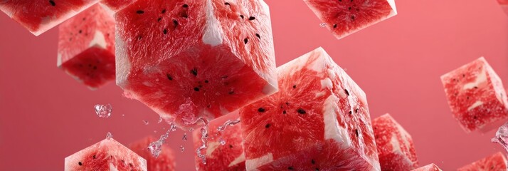 Poster - Watermelon Cubes Create an Abstract Structure With an Open Top Emphasizing Vibrant Colors and Refreshing Aesthetics