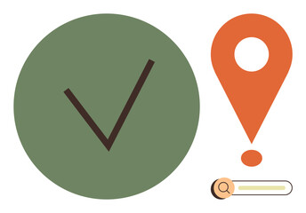 Poster - Green check mark in circle, orange location pin and search bar suggest approval, location, and search themes. Ideal for success, navigation, decision, achievement, guidance progress confirmation