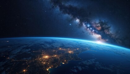 Wall Mural - view of earth from space at night. city lights illuminate continents, coastlines. milky way galaxy s