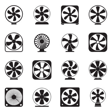 Collection of sixteen black and white graphic icons representing various types of fans including desk fans floor fans and computer fans on a white background