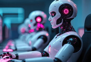 Poster - Robots operate as call center agents in futuristic environment, handling customer interactions through advanced AI. Scene RPA automation, digitization, networked communication systems in blue-toned