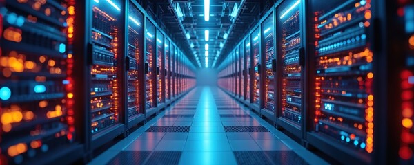 Poster - Modern data center interior, endless server racks with glowing lights in blue, orange. High-tech computer room infrastructure, advanced network devices, powerful servers creating futuristic