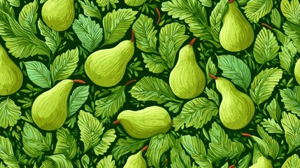 Aufkleber - Art Deco Design Featuring Stylized Pears and Lush Leaves in Vibrant Green Tones With an Open Top Area for Creative Usage