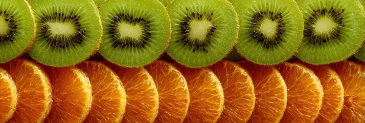 Poster - Colorful Abstract Pattern Created From Sliced Kiwis and Oranges Arranged in a Vibrant Display Against a Neutral Background