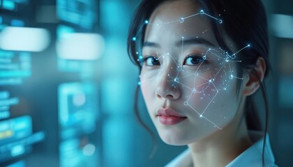 Poster - Asian woman uses AI face recognition technology for cyber security. Futuristic concept with glowing digital network overlay on face. Machine learning enhances identity protection, privacy, data