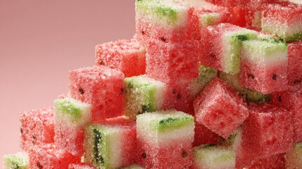 Poster - Colorful 3D Cubes of Watermelon Creating an Abstract Structure With an Open Upper Section Revealing a Playful Design
