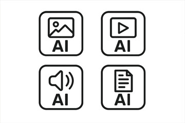 Fototapete - AI icon set for media generation. Artificial intelligence generating image, video, audio, text. UI UX buttons for website and app interface design. Line art pictogram collection.