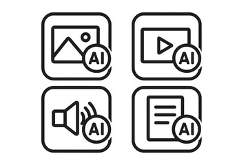 Fototapete - AI media generator icon set. Buttons for creating image, video, audio, text with artificial intelligence. UI UX line icons for app, website and user interface design concept.