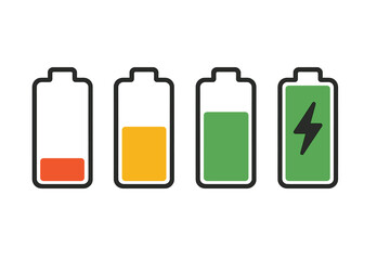 Poster - Battery charge level indicator icon set. Smartphone power status bar collection. Low, medium, full and charging energy symbols for mobile app, web design and user interface.