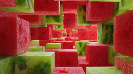 Poster - Colorful 3D Cubes of Watermelon Create an Abstract Structure With an Open Top Showcasing Vibrant Red and Green Hues