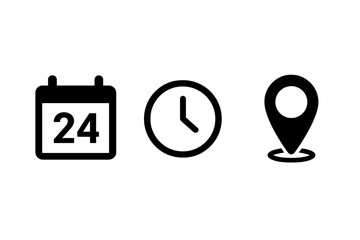 Poster - Calendar Date, Clock Time, Location Pin Icon Set. Event, Meeting, Schedule, Appointment, Invitation, Address, Map Symbol. Modern Flat Vector for Planner, Reminder, Organizer, Transparent Background
