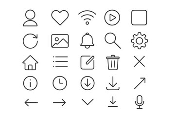 Aufkleber - Essential User Interface Line Icon Set for App, Web, and Software Design. Minimalist Outline Symbols for UI, UX, Navigation, Multimedia, Settings, Notification, and Communication
