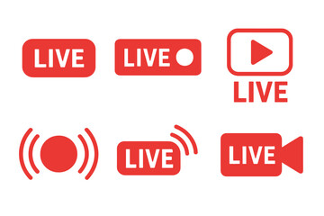 Aufkleber - Live streaming red icon set. Broadcasting buttons and symbols. Online stream video logo. Play sign for broadcast. Record element for media. Air internet tv vector symbol.
