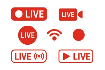 Poster - Live streaming red icon set. Broadcasting button symbol. Online stream sign collection. On air media logo element. Video player interface. Record & play graphic element.