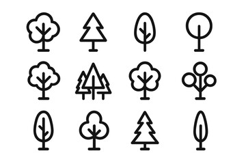 Poster - Minimalist Tree Outline Icons Set. Simple Line Art Forest, Nature, Park, Garden, Pine, Oak, Abstract Plant Symbols. Black Linear Tree Silhouettes for Eco Design, Logo, App, Web, Transparent PNG Vector