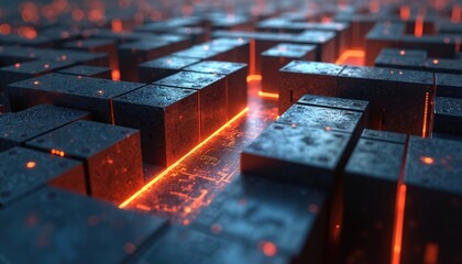 Leinwandbilder - Futuristic maze pathway illustration in digital realm concept art. Dark, textured cubes with glowing orange lines create labyrinth. Close-up view emphasizes exploration, technology, innovation,
