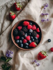 Poster - Fresh Assorted Berries in Rustic Bowl on Linen Fabric, Captured in Natural Light With Minimal Distractions Enhancing Vibrant Colors and Textures