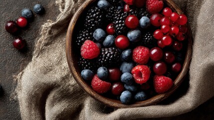 Poster - Assorted Berries in Rustic Bowl on Linen Fabric Showcasing Vibrant Colors and Fresh Textures for a Healthy Snack or Dessert Presentation