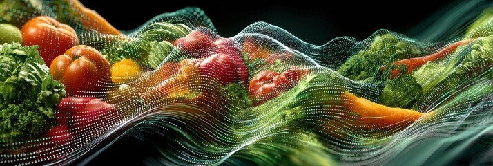 Poster - Digital Wave Showcasing Vibrant Vegetables in Motion With High-Tech Color Grading and a Clear Center Zone
