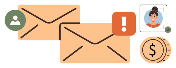 Poster - Envelopes, alert sign, user identity, and financial coin symbolizing communication, security, privacy, notifications, user data financial alerts and digital correspondence. Ideal for messaging