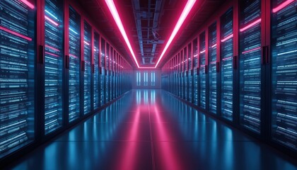 Poster - Futuristic server room with rows of glowing computer racks illuminated by neon pink and blue lights. Modern technology infrastructure hallway, digital data storage center, science fiction cyberspace.