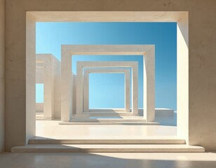 Poster - Minimalist architectural composition with nested square frames leading eye toward clear blue sky. Clean lines, geometric shapes, soft light create sense of calm, modern elegance in serene outdoor