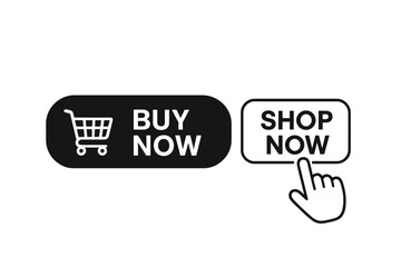 Aufkleber - Buy now and shop now buttons with shopping cart icon and hand pointer clicking cursor. Call to action web element collection for online shopping and e-commerce website design UI.