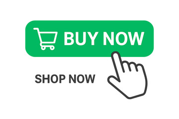 Poster - Buy now button with shopping cart icon and hand pointer cursor clicking. Shop now call to action for online shopping website or e-commerce store. Web design UI UX element.