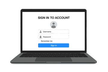 Fototapete - Laptop with account login and password form page on screen. Sign in to account. User authentication interface on computer display. Cybersecurity and private access concept.