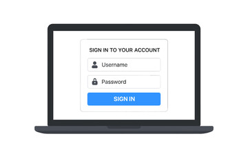 Fototapete - Laptop with user login form page on screen. Account authentication with username and password. Sign in to website or app. Cybersecurity, data protection, privacy concept vector.