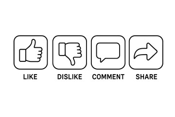 Poster - Social Media Reaction Buttons Set. Like, Dislike, Comment, Share Icons. Outline Vector Illustration for Video, Blog, Website, App UI. Transparent Background. User Engagement Symbols