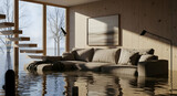 Interior of a Modern House with Severe Water Damage and Flooding in the Living Room