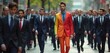 © Maryna - Man in colorful rainbow suit stands out amongst men in black business suits. Walks with confidence, exuding individuality, courage. Image conveys themes of diversity, pride, breaking conformity in