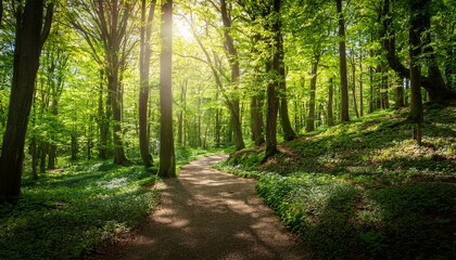  a peaceful pathway winds through a vibrant forest filled with fresh green leaves sunlight filters through the trees creating a serene atmosphere for a relaxing stroll in spring
