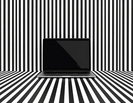 Laptop on striped black and white background