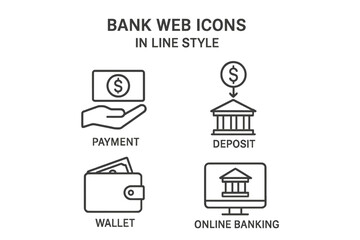 Poster - Bank web icons line style. Finance, money linear icon collection. Payment, deposit, wallet, online banking, savings, currency, investment, business pictogram vector set.