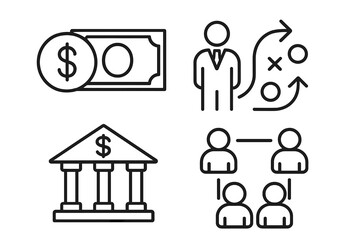 Poster - Business finance icon set. Money payment, bank investment. Management strategy plan. Teamwork collaboration corporate structure. Outline web symbol collection. Vector line art.
