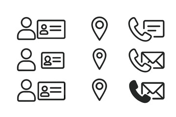 Poster - Business card contact icons. Vector information symbol set. User profile, address, location pin, telephone, email signs. Website button collection. Line and solid glyphs.