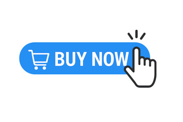 Poster - Buy now button with hand cursor clicking. Online shopping and e-commerce concept. Call to action web element with shopping cart icon. Vector for website user interface design.