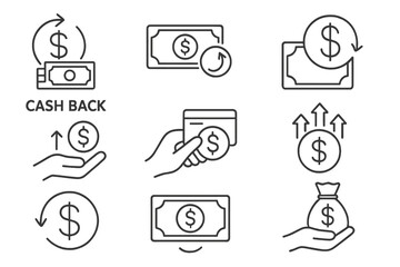 Poster - Cash back icon set in thin line style. Money movement and financial transaction linear icons. Includes return money, refund, payment, income, profit, gain, savings concepts.