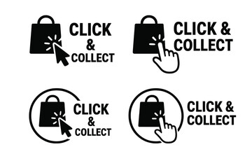 Poster - Click and Collect service icon set. Features mouse cursor and hand pointer symbols for online ordering and internet shopping. E-commerce and retail technology concept vector.