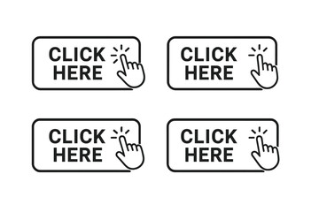 Poster - Click here button vector set with hand pointer cursor. Modern action button for website design. Web element icon collection for user interface, click-through, call to action.